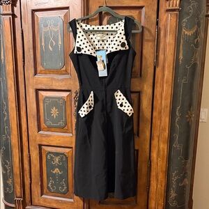 Bettie Page Black Midi Dress with Polka Dot Trim